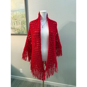 Handmade Red Crochet Triangle Shawl Fringe Boho Granny Square Wrap Scarf